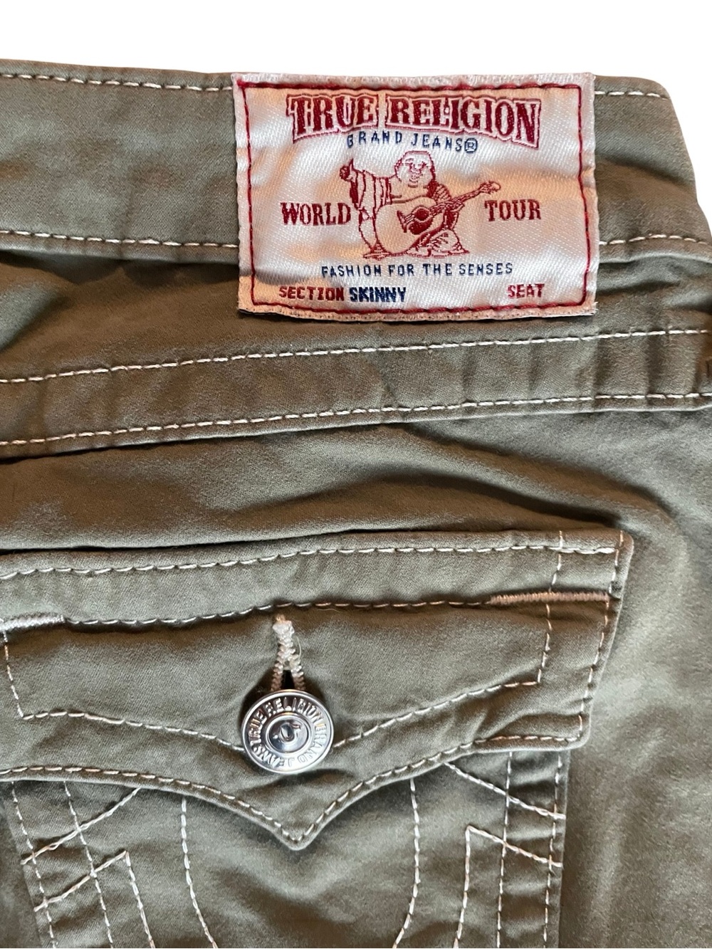 True Religion Olive Skinny Jeans with Branded Button